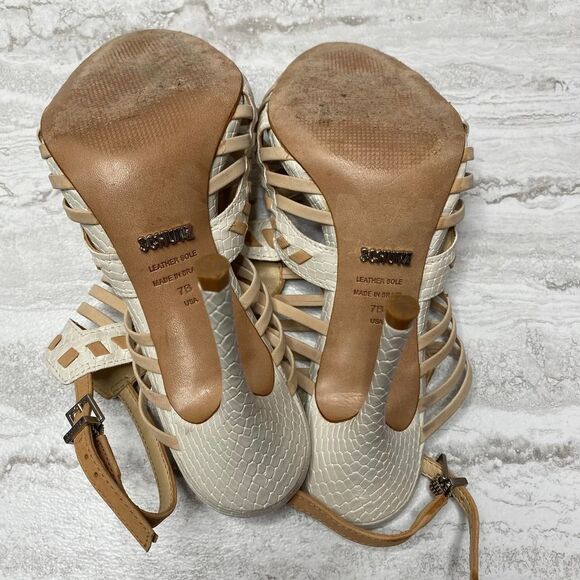SCHUTZ Snake Print Caged High Heels Leather Sole White Tan Open Toe Ankle Strap - Picture 12 of 16